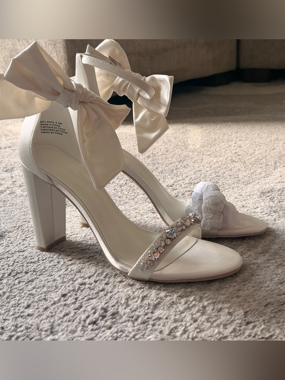 Oleg Cassini Melania Ivory Satin Bow Block Heel Sandals NWT